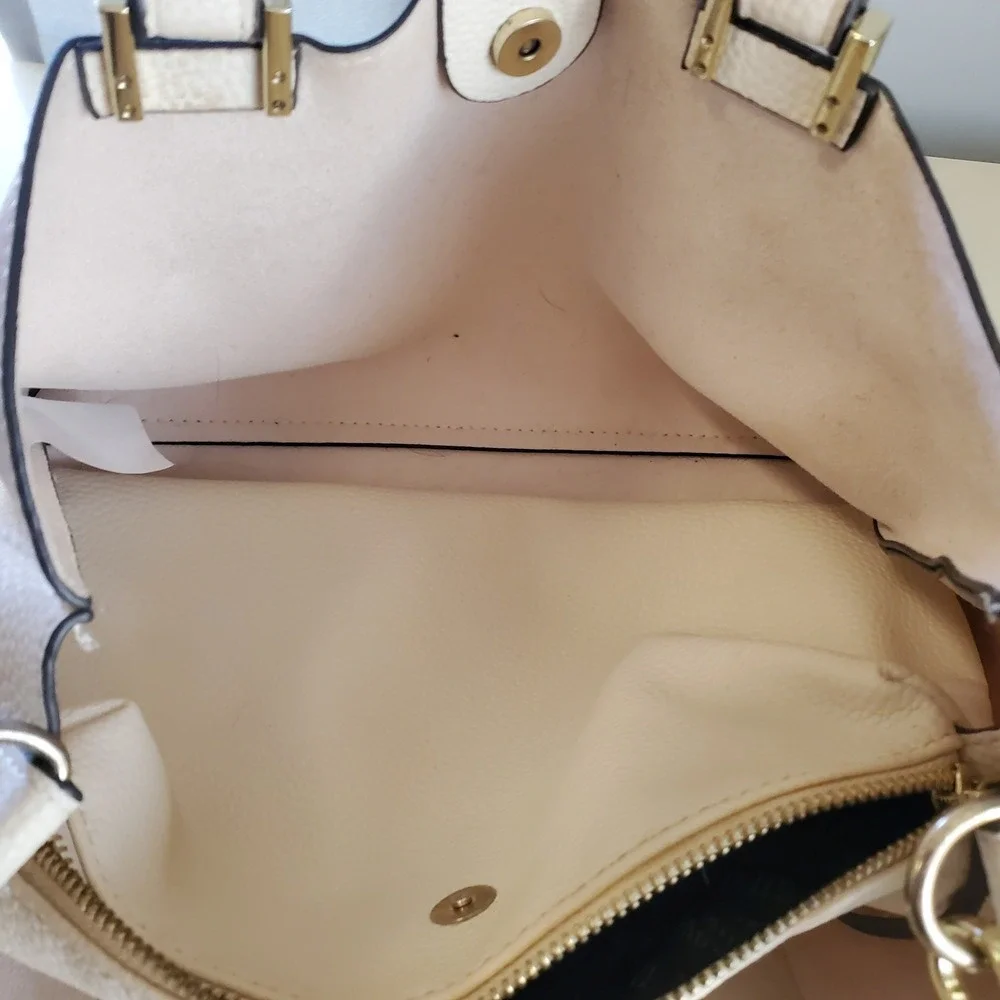 Steve Madden Cream Pebbled Satchel Crossbody Bag Gold Hardware Triple Compartmen